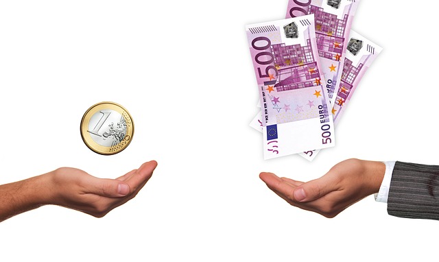dvě ruce – s bankovkami a mincí